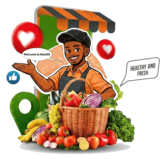 Meal05 market assistant with a basket of fresh groceries